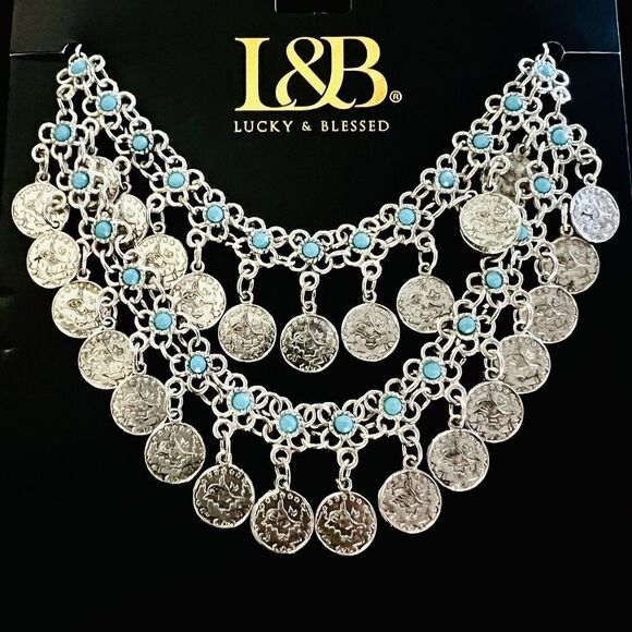 Lucky & Blessed Bohemian Floral Blue Silver Coin Layered Dangle Bib Necklace L&B - Picture 15 of 16